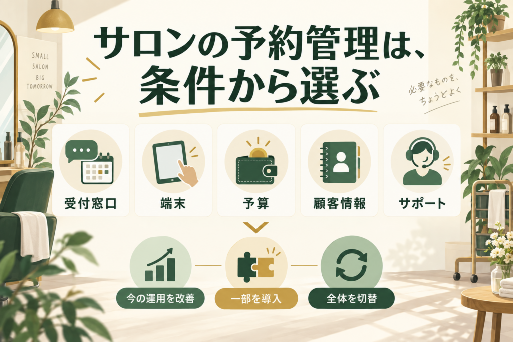受付窓口・端末・予算・顧客情報・サポートを整理し、運用改善・一部導入・全体切替を選ぶサロン予約管理の図